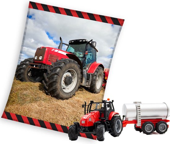 Rode Tractor Fleece deken- 130x170cm- Polyester- 525 gr.- grote warme deken - inclusief speelset met giertank