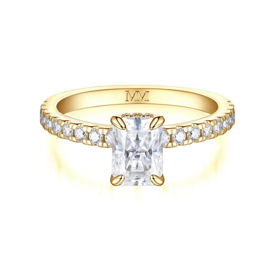 Astra - 18k Geelgouden Radiant Moissanite Ring met Pavé Zijstenen & Hidden Halo - 1.2 karaat