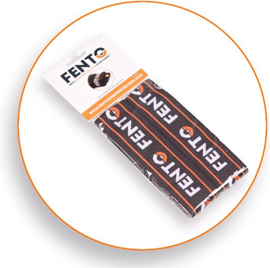 Verpakking met twee zwarte FENTO elastieken met oranje logo en witte tekst.