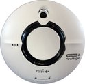 Witte, ronde Wi-Safe 2 FireAngel rookmelder met zwarte ring en 'TEST/AV'.
