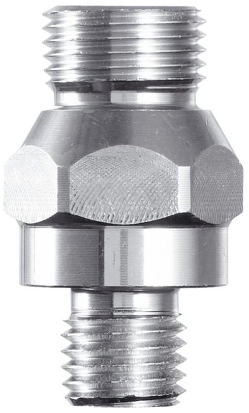 Verloopstuk met aan de ene kant M16 uitwendig schroefdraad en aan de andere kant 1/2" G uitwendig schroefdraad.