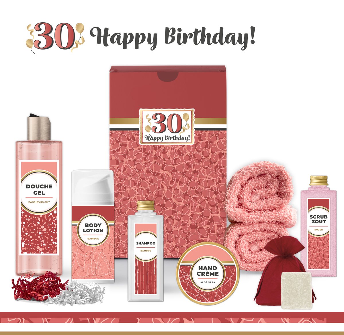 Goedkoopste Geschenkset “30 Jaar Happy Birthday!” - 8 producten - 685 gram | Giftset voor haar - Luxe wellness cadeaubox - Cadeau vrouw - Gefeliciteerd - Set Verjaardag - Geschenk jarige - Cadeaupakket moeder - Vriendin - Zus - Verjaardagscadeau - Rood