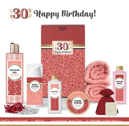 Foto: Geschenkset 30 jaar happy birthday 8 producten 685 gram giftset voor haar luxe wellness cadeaubox cadeau vrouw gefeliciteerd set verjaardag geschenk jarige cadeaupakket moeder vriendin zus verjaardagscadeau rood