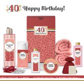 Geschenkset “40 Jaar Happy Birthday!” - 8 producten - 685 gram | Giftset voor haar - Luxe wellness cadeaubox - Cadeau vrouw - Gefeliciteerd - Set Verjaardag - Geschenk jarige - Cadeaupakket moeder - Vriendin - Zus - Verjaardagscadeau - Rood