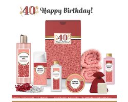 Geschenkset “40 Jaar Happy Birthday!” - 8 producten - 685 gram - Triomf Cosmetica | Cadeau vrouw Giftset voor haar Gefeliciteerd Set Verjaardag Geschenk jarige Cadeaupakket moeder Vriendin Zus Verjaardagscadeau Rood