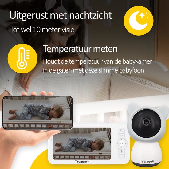 Trymee® Babyfoon met Camera en Gratis app - Babyfoon - 5 Inch Baby monitor - Uitbreidbaar - Op afstand Bestuurbaar - Bewegingsdetectie - Terugspreekfunctie - Slaapliedjes - Video & Audio - Wit/Grijs - Trymee