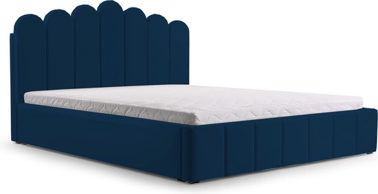 Tweepersoonsbed met fluwelen bekleding, met hoofdeinde, lattenbodem, bed voor volwassenen - BETT 03 - 160x200 - Donkerblauw (TRINITY 31)