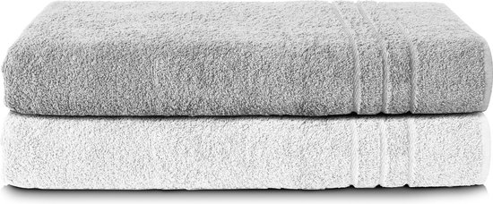 Komfortec Set van 2 Handdoeken 80x200 cm, 100% Katoen, XXL Saunahanddoeken, Saunahanddoek Zacht, Grote badstof, Sneldrogend, Grijs&Wit