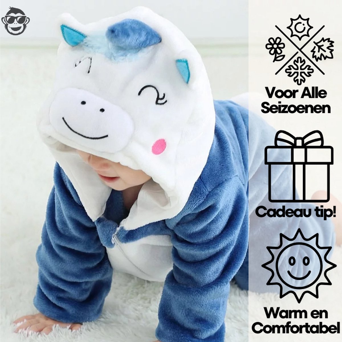 BoefieBoef Dieren Onesie Pyjama Kinderen 6m-2jr – Eenhoorn Blauw – Verkleedkleding met Luierrits – Carnaval Dierenpak - Kerst en Kraamcadeau - Zacht Flanel - Romper - Boxpak - Jongens - Meisjes — afbeelding 2