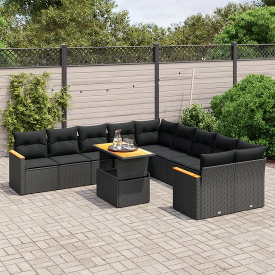 vidaXL-11-delige-Loungeset-met-kussens-poly-rattan-zwart