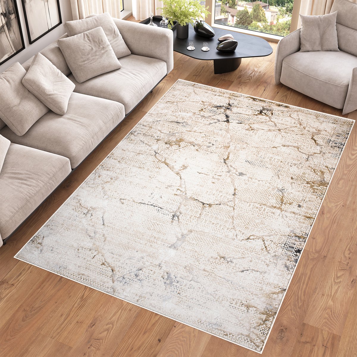 Tapiso Hera Vloerkleed Beige Gezaagd Modern Binnenkleed Tapijt Maat- 140x200 Lichtbeige 4