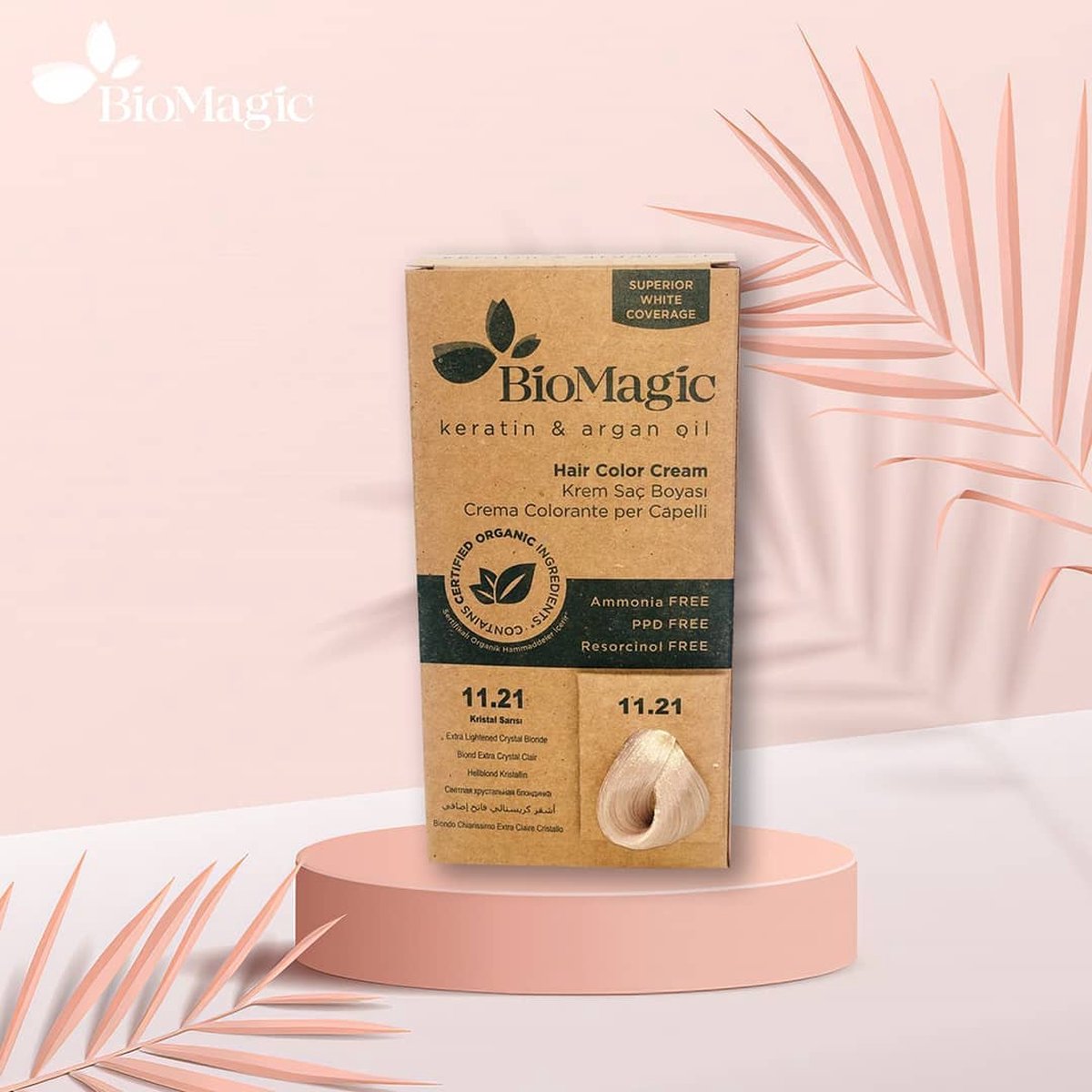 Natuurlijke Biologische haarverf, verrijkt met Keratine en Arganolie, zonder Ammoniak, PPD en Resorcinol- Extra Licht Kristal Blond 11/21- BioMagic permanente haarverf- Organic- Dierproefvrij