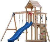 AXI Moos Aire de jeux avec balançoire double et échelle en corde marron - toboggan bleu - bac à sable et mur d'escalade - télescope et guidon - bois FSC – Maisonnette de jardin
