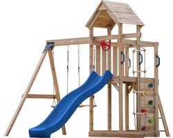 AXI Moos Speeltoestel met Dubbele Schommel en Touwladder Bruin – Blauwe Glijbaan – Zandbak en Klimwand – Telescoop en Stuur - FSC hout - Speelhuis op palen voor de tuin