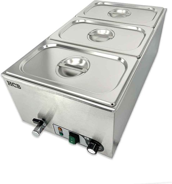 HCB® - Professionele Horeca Bain marie - 3 x 1/3 GN - 230V - RVS / INOX - Elektrisch - 35.5x60x26 cm (BxDxH) - 9 kg