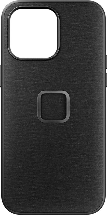 Zwart hoesje met textuur en een vierkante magneet in het midden. Voor iPhone 15 Pro Max.