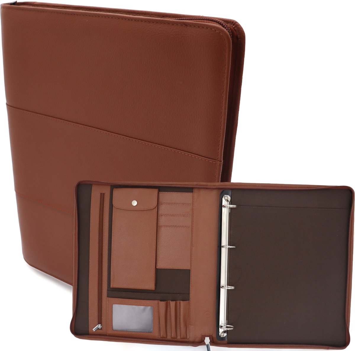 Leren Schrijfmap - Conferentiemap - Documentenmap A4 - Tablethoes & Laptopsleeve - Uitneembare Ringband -Cognac