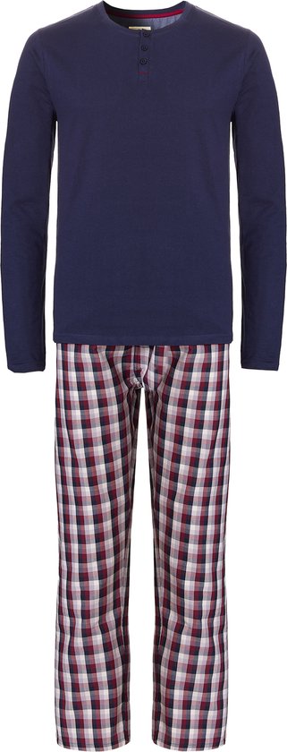 Phil & Co Heren Pyjama Set Lang Katoen Blauw Geblokt - Maat XXL