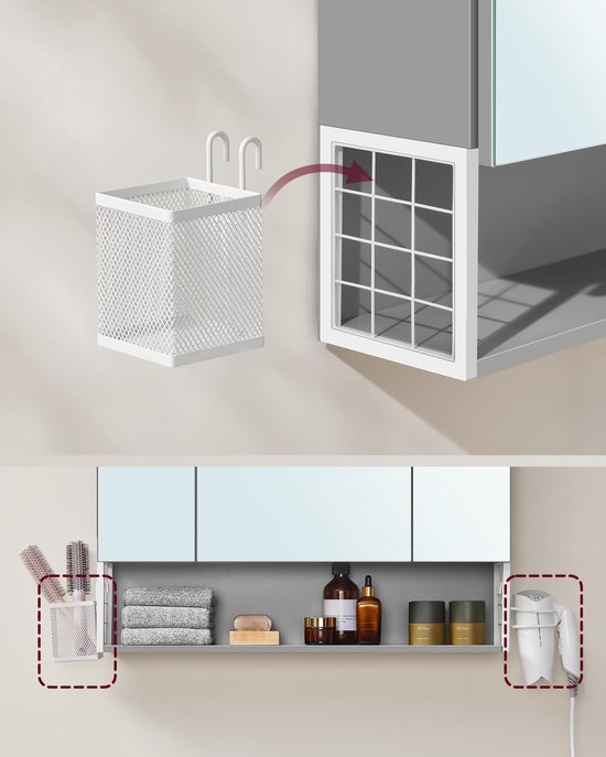VASAGLE Badkamermeubel met ledverlichting, 16,5 x 70 x 75 cm, stekkerdoos, hangmand, houder voor haardroger, voor badkamer, wastafel, wolkenwit en duifgrijs BBK126G01