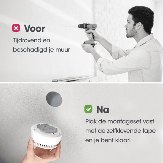 Man boort in muur (links), magnetische rookmelder montageplaat aan muur (rechts). Montage zonder boren.