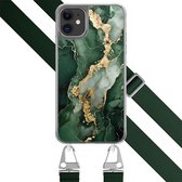 Hoesje met groen koord - Geschikt voor iPhone 11 - Marmer groen goud - Verstelbaar & verwisselbaar koord - TPU backcover - Groen, Goud - Leuke Telefoonhoesjes