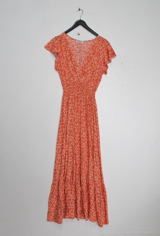 Lange dames maxi jurk Tess gebloemd motief oranje groen abrikoos rood strandjurk XS
