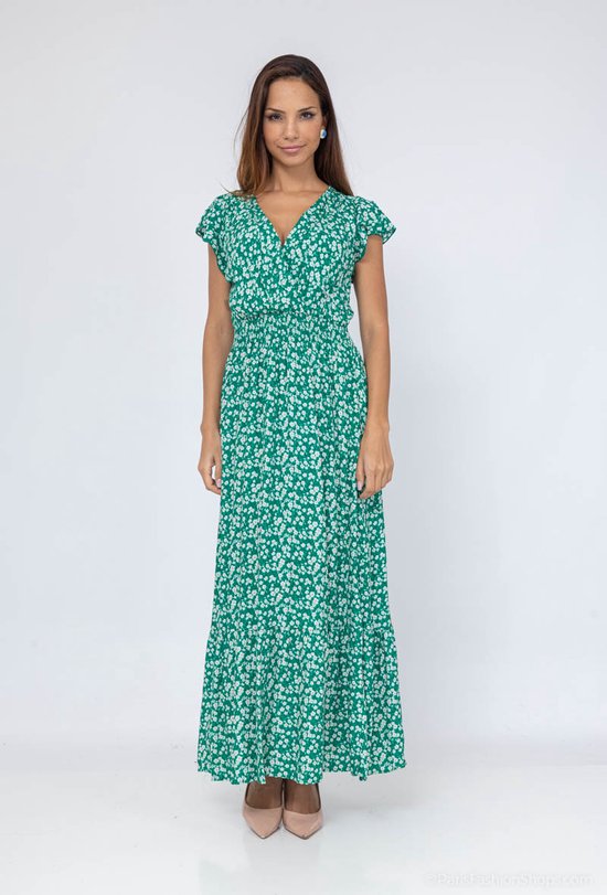 Lange dames maxi jurk Tess gebloemd motief groen wit oranje zwart