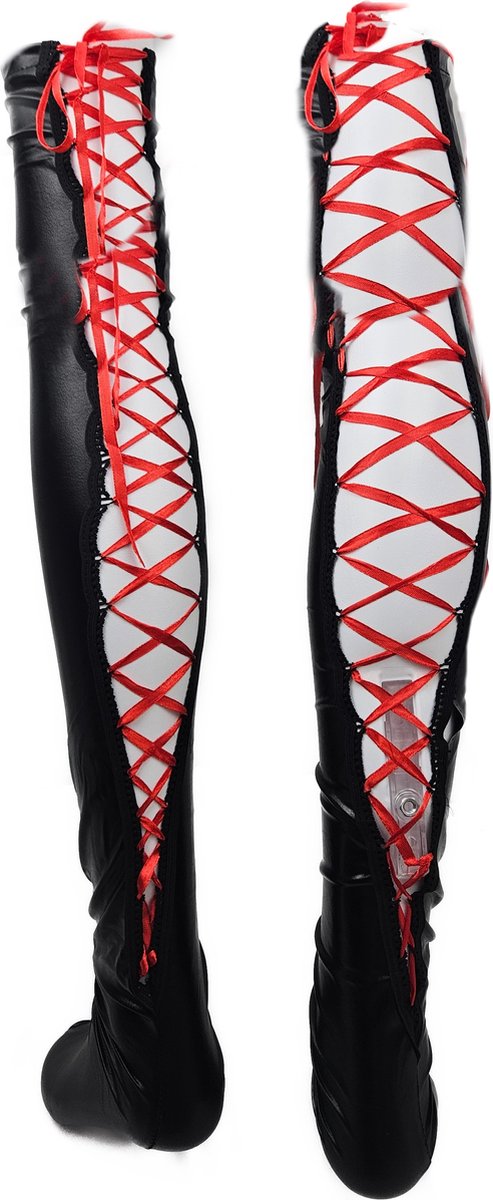 Goedkoopste BamBella® - Hoge Kousen - Onesize - Zwart Rood - Sexy erotische Veter sKniekousen Super Shiny Fetish kleding