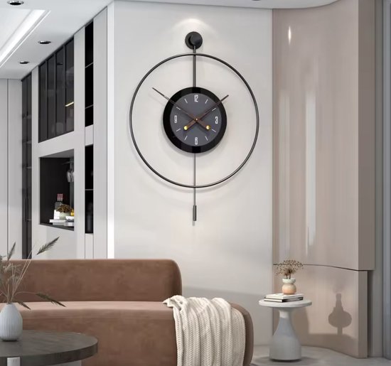 Luxaliving - Moderne wandklok - Design Wandklok - Met Slinger- Zwart - Moderne wandklok - Stil uurwerk- 60Ø