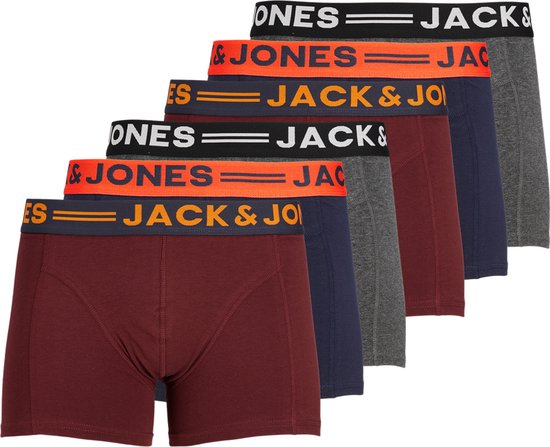 Jack & Jones Boxershorts JACLICHFIELD - 6 pack - Trunks - Burgundy / Navy / Grijs - Heren Onderbroek - Maat L