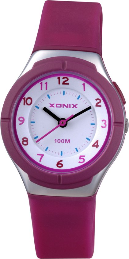 Xonix ABP-003 - Horloge - Analoog - Kinderen - Unisex - Siliconen band - ABS - Cijfers - Waterdicht - Paars - Zilverkleurig - 10 ATM