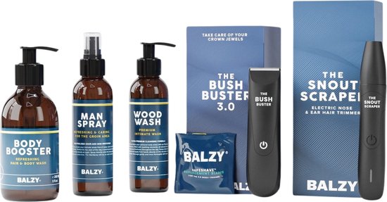 Balzy Perfect Package – Complete Grooming Set – Trimmer – Neustrimmer – Intieme Verzorging Zeep – Toilettas – BushBuster, SnoutScraper, Body&Balls Collection – Vaderdag Cadeau