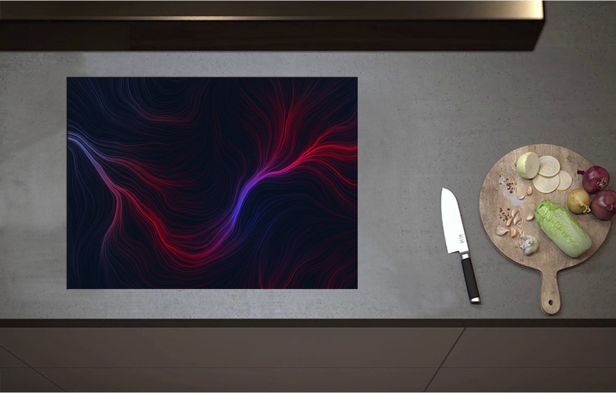 Inductieplaat Beschermer - Abstracte Rood met Paarse Lijnen - 71x52 cm - 2 mm Dik - Inductie Beschermer - Bescherming Inductiekookplaat - Kookplaat Beschermer van Zwart Vinyl