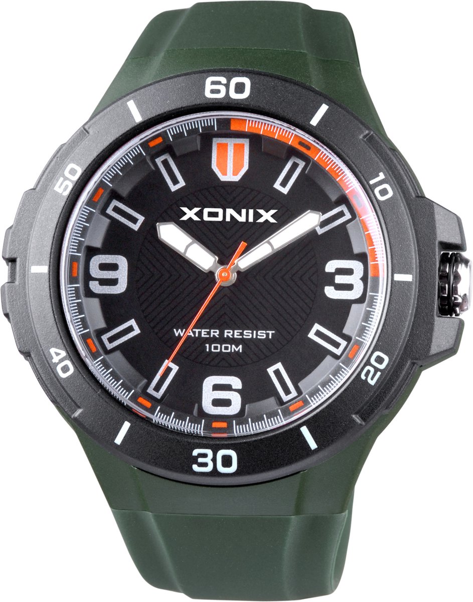 Xonix CAC-A03 - Horloge - Analoog - Heren - Mannen - Rond - Siliconen band - ABS - Cijfers - Waterdicht - DonkerGroen - Zwart - Oranje - Wit - 10 ATM