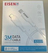 Eisenz 3 Meter Data Cable Type-C to Lightning - Long Charging Cable Fast Charging Cord Durable Charger Cable - Zwart