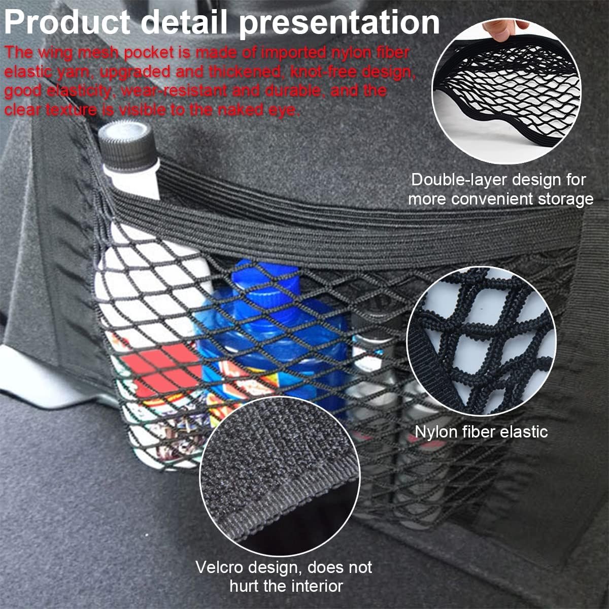 Filet Coffre Filet De Rangement Coffre Voiture - 60x40cm Extensible 120x80cm - 4 Crochets - Universel SUV, Break Filet Rangement élastique 60x40cm