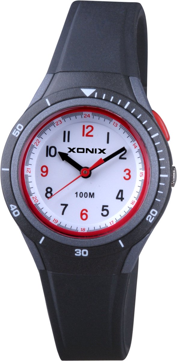 Xonix ABO-007 - Horloge - Analoog - Kinderen - Unisex - Siliconen band - ABS - Cijfers - Waterdicht - Zwart - Grijs - Rood - 10 ATM