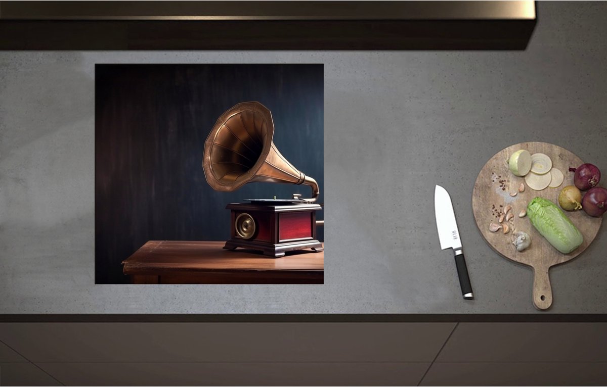 Inductieplaat Beschermer - Antieke Grammofoon op Kast - 57x55 cm - 2 mm Dik - Inductie Beschermer - Bescherming Inductiekookplaat - Kookplaat Beschermer van Zwart Vinyl