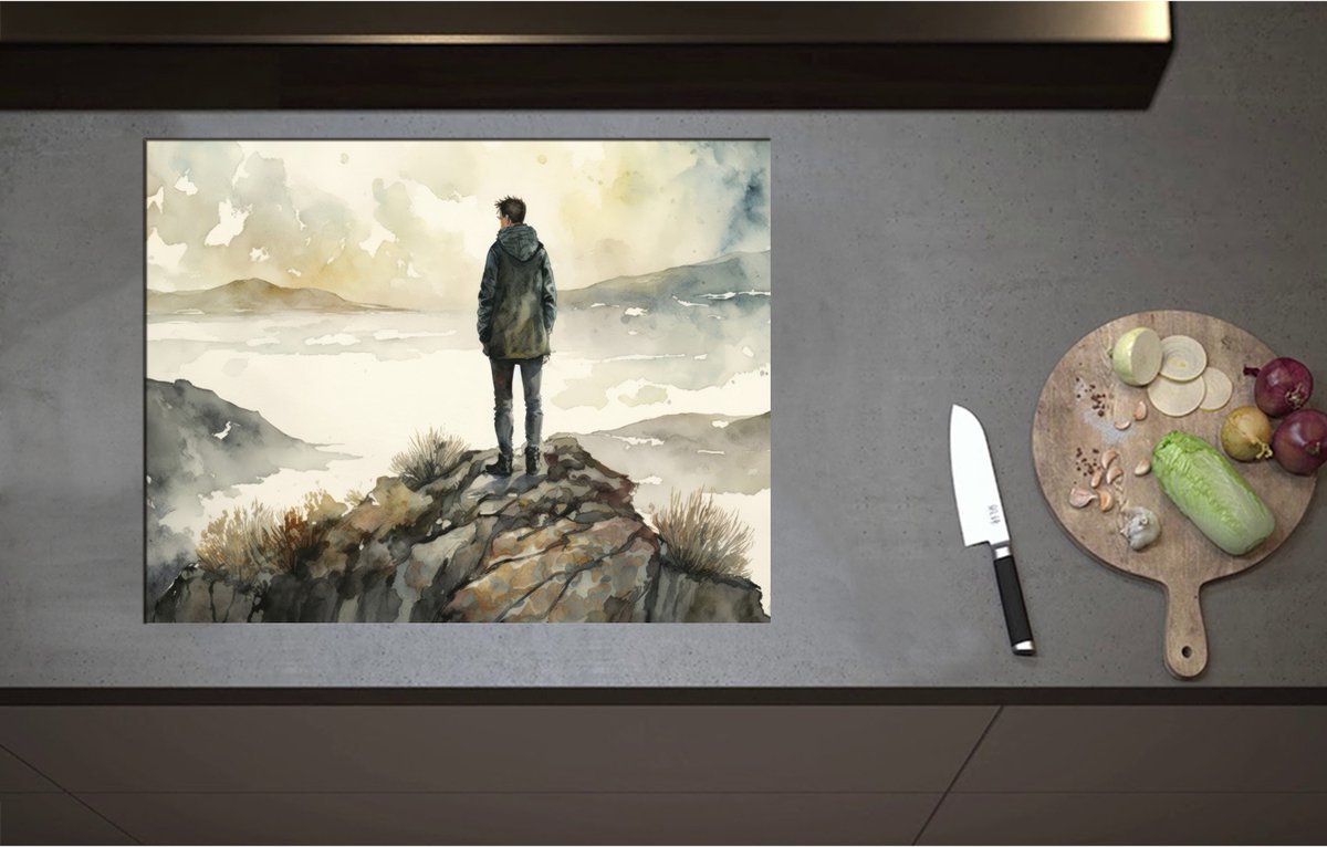 Inductieplaat Beschermer - Acryl Tekening van Eenzaam Persoon op Hoge Boom - 71x55 cm - 2 mm Dik - Inductie Beschermer - Bescherming Inductiekookplaat - Kookplaat Beschermer van Zwart Vinyl