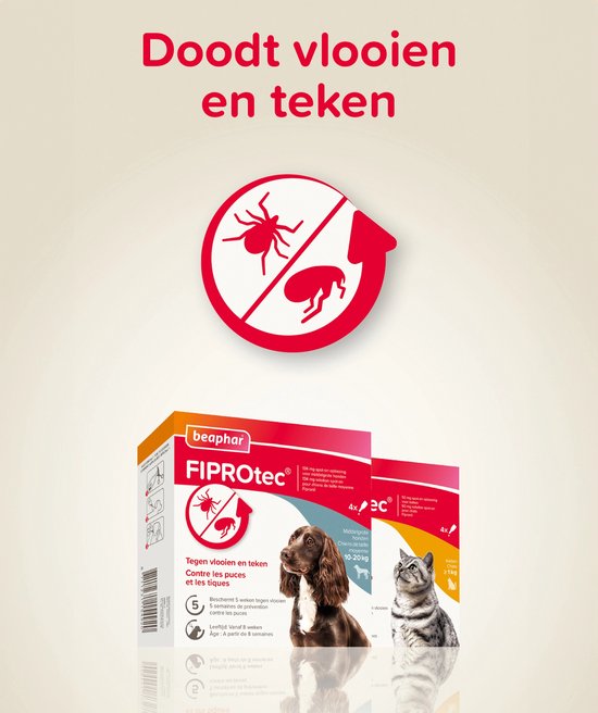 Doos Beaphar Fiprotec voor middelgrote honden en katten, met bruine hond en cyperse kat. Rode tekst: 'Doodt vlooien en teken'.
