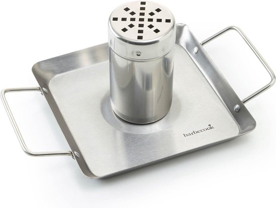 Foto: Grill accessoires kip schaal met staande houder en afdruiprek zilverkleurigbarbecook poultry roaster