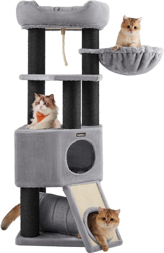XXL Luxe Stevige Katten Krabpaal Voor Katten - Stevig Krabmeubel Met Hangmat Mand Katten Huis Tunnel & Speel Touw - Grote Krab Paal Klimpaal - 92 CM Hoog - Grijs/Zwart - FEANDREA