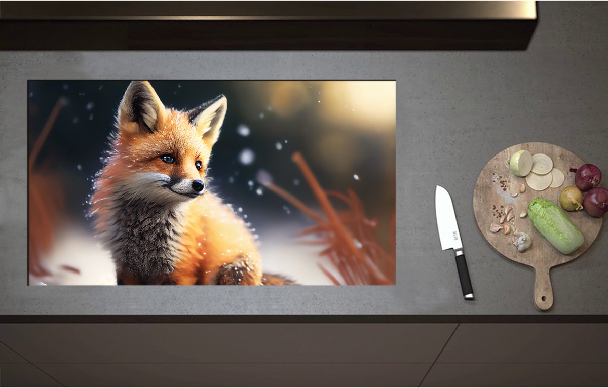 Inductieplaat Beschermer - Aandoenlijk Klein Vosje in de Sneeuw - 90x51 cm - 2 mm Dik - Inductie Beschermer - Bescherming Inductiekookplaat - Kookplaat Beschermer van Wit Vinyl