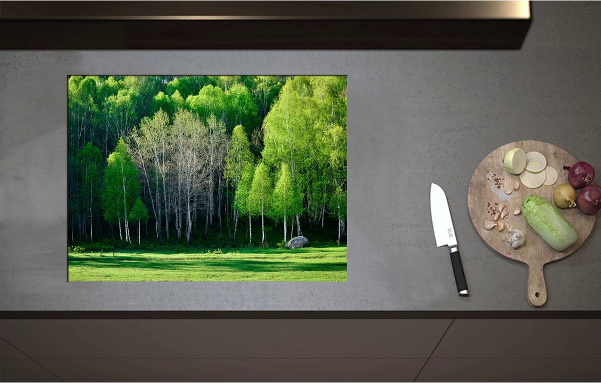 Inductieplaat Beschermer - Aan de Rand van Bos Vol Felgroene Bomen - 70x52 cm - 2 mm Dik - Inductie Beschermer - Bescherming Inductiekookplaat - Kookplaat Beschermer van Wit Vinyl
