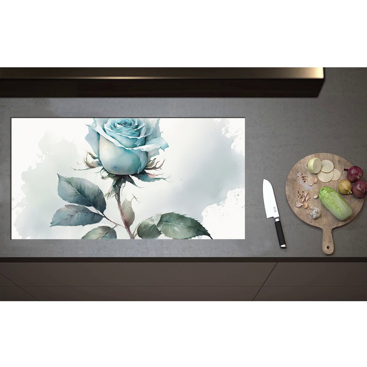 Inductieplaat Beschermer - Aquarel Verf Tekening van Lichtblauwe Roos - 95x50 cm - 2 mm Dik - Inductie Beschermer - Bescherming Inductiekookplaat - Kookplaat Beschermer van Zwart Vinyl