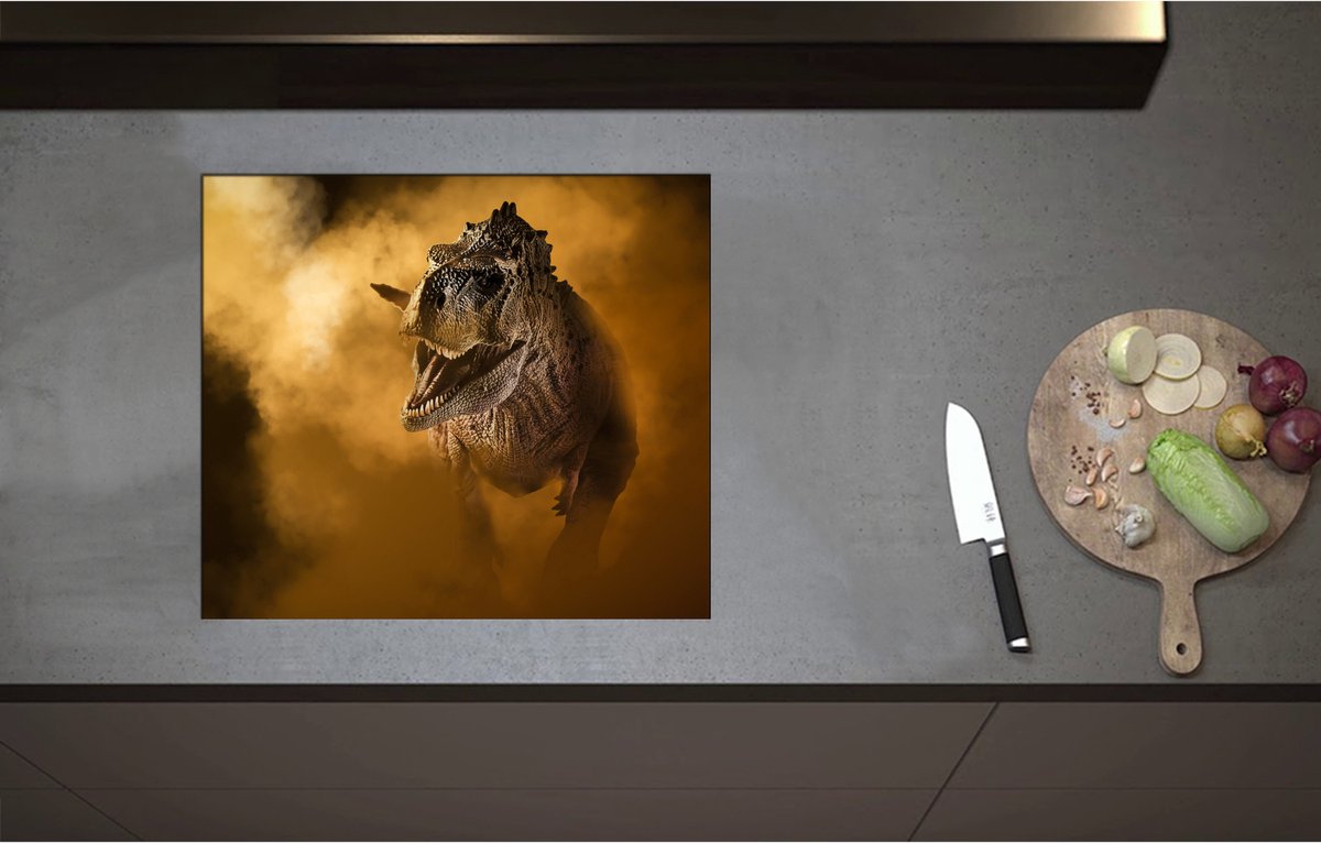 Inductieplaat Beschermer - Angstaanjagend T-rex Dinosaurs vanuit Oranje Mist - 58x51 cm - 2 mm Dik - Inductie Beschermer - Bescherming Inductiekookplaat - Kookplaat Beschermer van Zwart Vinyl