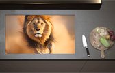 Inductieplaat Beschermer - Aanstormende Mannetjes Leeuw door het Afrikaanse Landschap - 90x51 cm - 2 mm Dik - Inductie Beschermer - Bescherming Inductiekookplaat - Kookplaat Beschermer van Zwart Vinyl