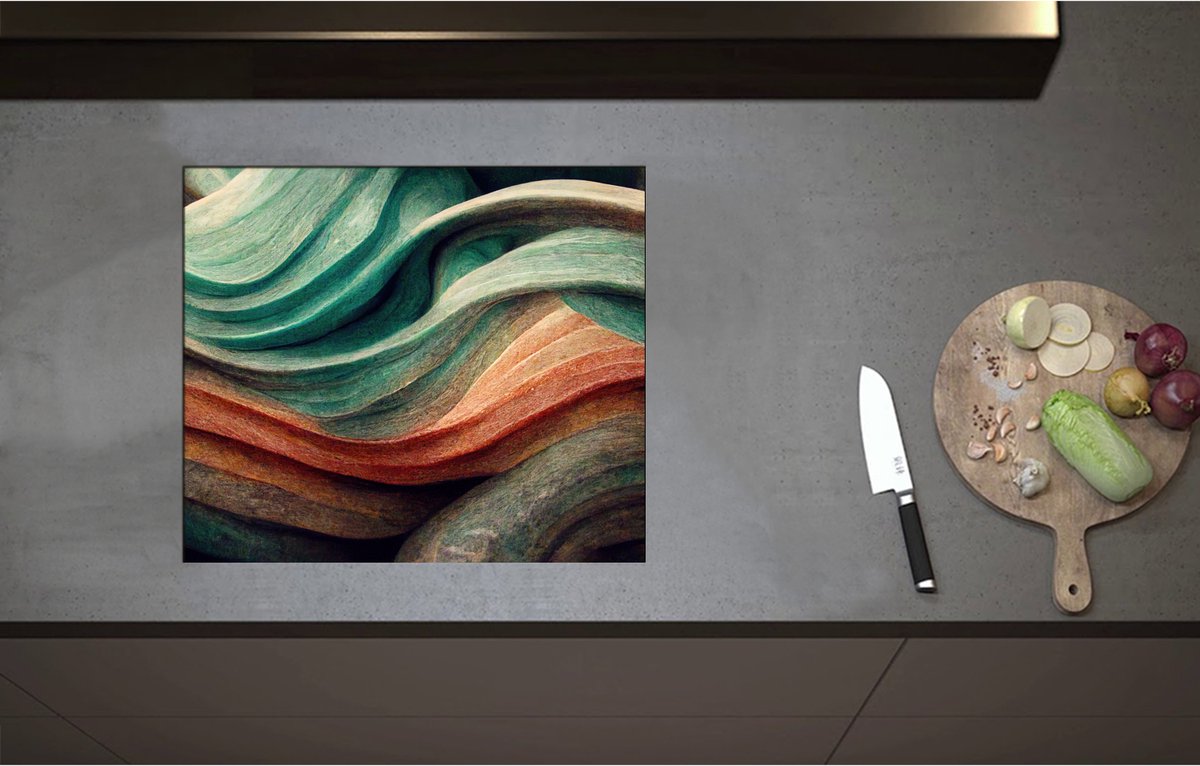 Inductieplaat Beschermer - Abstracte Golvende Vormen in Verschillende Kleuren - 58x50 cm - 2 mm Dik - Inductie Beschermer - Bescherming Inductiekookplaat - Kookplaat Beschermer van Wit Vinyl
