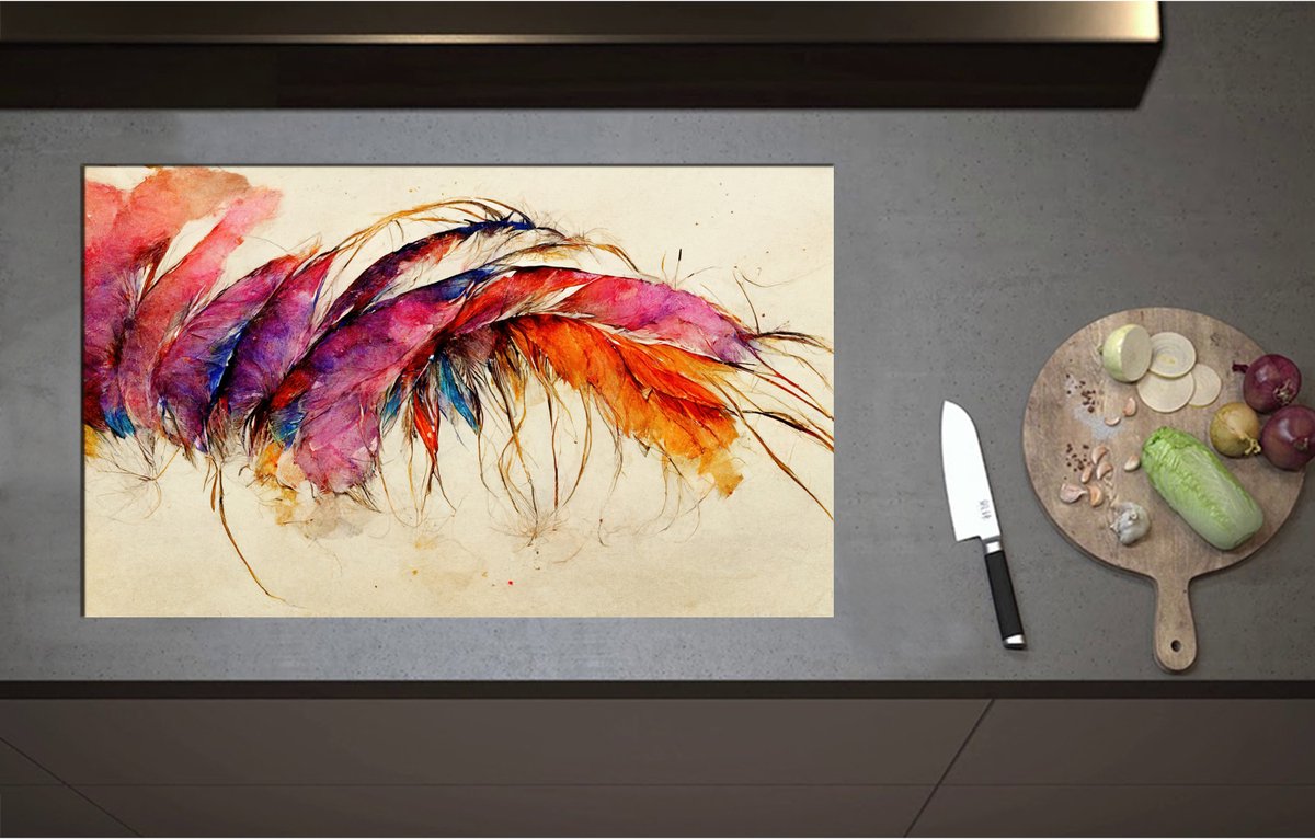 Inductieplaat Beschermer - Aquarel Tekening van Rij Kleurrijke Dierenveren - 85x52 cm - 2 mm Dik - Inductie Beschermer - Bescherming Inductiekookplaat - Kookplaat Beschermer van Zwart Vinyl