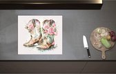 Inductieplaat Beschermer - Acryl Tekening van Cowboy Boots Versierd met Bloemen - 58x51 cm - 2 mm Dik - Inductie Beschermer - Bescherming Inductiekookplaat - Kookplaat Beschermer van Zwart Vinyl